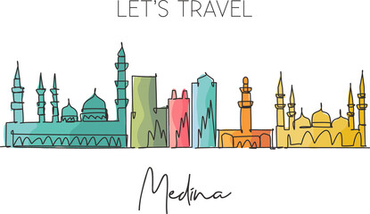 Naklejka premium Single continuous line drawing Medina skyline Saudi Arabia. Famous city scraper landscape postcard print art. World travel destination concept. Modern one line draw design vector graphic illustration