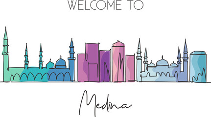 Fototapeta premium One single line drawing of Medina city skyline, Saudi Arabia. World historical town landscape. Best place holiday destination. Editable stroke trendy continuous line draw design vector illustration