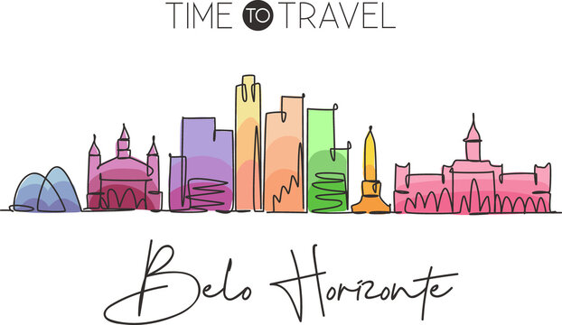 One single line drawing of Belo Horizonte city skyline, Brazil. World historical town landscape. Best holiday place destination. Editable stroke trendy continuous line draw design vector illustration