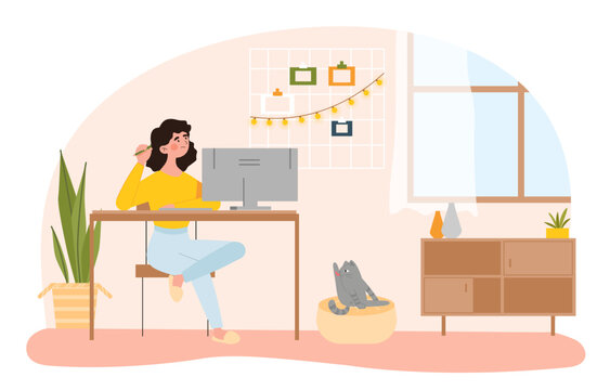 Work at home. Woman sits at computer and thinks about solving problem. Owner with cat at remote job, freelancer. Education and training, student doing homework. Cartoon flat vector illustration