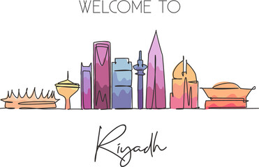 One continuous line drawing Riyadh city skyline, Saudi Arabia. Beautiful landmark postcard. World landscape tourism travel vacation. Editable stylish stroke single line draw design vector illustration