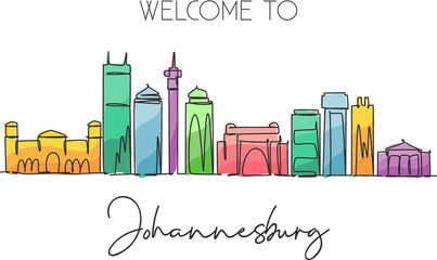 Fototapeta premium One continuous line drawing of Johannesburg city skyline, South Africa. Beautiful landmark wall decor poster print. World landscape tourism travel. Stylish single line draw design vector illustration