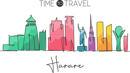 One single line drawing of city Harare skyline, Zimbabwe. Historical place landscape in world postcard. Best holiday destination. Editable stroke trendy continuous line draw design vector illustration