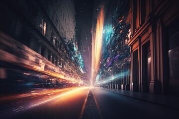 Realistic city street with chaotically moving strips of light. Light trails. Generative AI
