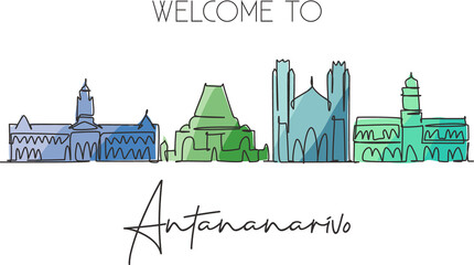 Naklejka premium One continuous line drawing of Antananarivo city skyline, Madagascar. Beautiful city landmark. World landscape tourism and travel. Editable stylish stroke single line draw design vector illustration