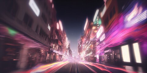 Realistic city street, with multi-colored chaotically moving strips of light and galaxies. Fantastic wonderland. Light trails. Generative AI