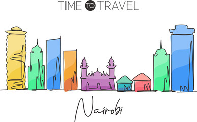 One continuous line drawing Nairobi city skyline, Kenya. Beautiful landmark postcard. World landscape tourism and travel vacation. Editable stylish stroke single line draw design vector illustration