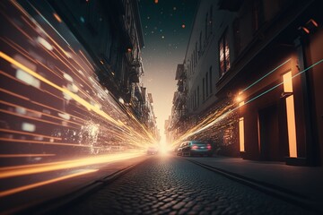 Fototapeta na wymiar Realistic city street with chaotically moving strips of light. Light trails. Generative AI
