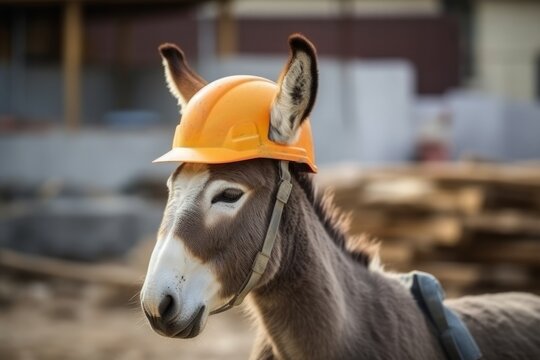 Engineer donkey in a work helmet on a construction site. Construction of a large house from cement and building materials, Generative AI