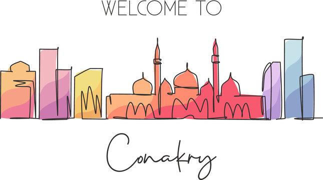 One single line drawing of Conakry city skyline, Guinea. Historical place landscape in world postcard print. Best holiday destination. Trendy continuous line draw design vector graphic illustration