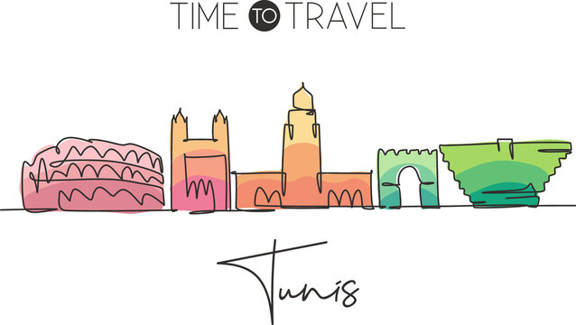 One single line drawing Tunis city skyline, Tunisia. Historical town landscape in world postcard. Best holiday destination. Editable stroke trendy continuous line draw design vector art illustration