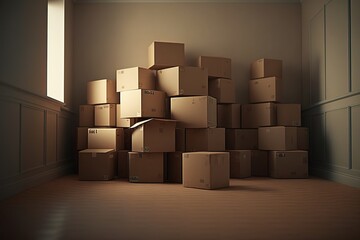 Brown moving boxes in an empty room. Relocation concept. Generative AI