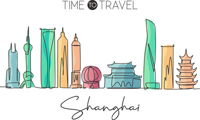 Obraz premium One continuous line drawing of Shanghai city skyline China. Beautiful landmark. World landscape tourism and travel vacation. Editable stylish stroke single line draw graphic design vector illustration