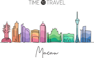 Fototapeta premium Single continuous line drawing of Macau city skyline, China. Famous city scraper and landscape home wall decor art poster print. World travel concept. Modern one line draw design vector illustration