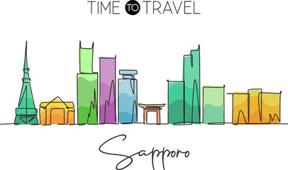 One continuous line drawing of Sapporo city skyline, Japan. Beautiful landmark. World landscape tourism and travel vacation poster. Editable stylish stroke single line draw design vector illustration - obrazy, fototapety, plakaty