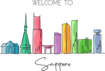 Fototapeta premium Single continuous line drawing of Sapporo city skyline, Japan. Famous city scraper and landscape. World travel concept home art wall decor poster print. Modern one line draw design vector illustration