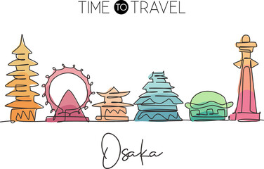 Fototapeta premium One single line drawing of Osaka city skyline, Japan. Historical town landscape. Best holiday destination home decor wall art poster print. Trendy continuous line draw design vector illustration