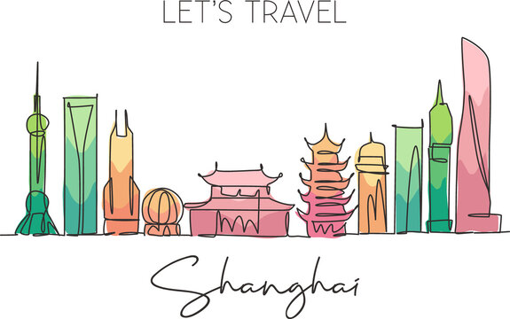 One single line drawing of Shanghai city skyline, China. Historical town landscape in world. Best holiday destination. Editable stroke trendy continuous line draw design vector graphic illustration