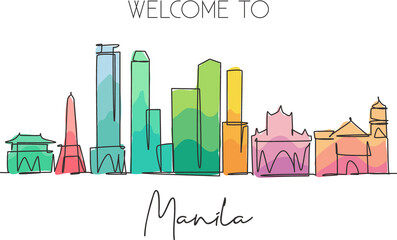 Fototapeta premium One single line drawing of Manila city skyline, Philippines. Historical town landscape in the world. Best holiday destination. Editable stroke trendy continuous line draw design vector illustration