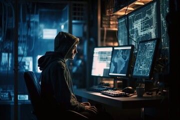 A professional hacker in a hood is working on hacking servers and websites. A hacker works in a multi-monitor environment while hacking into a server. Generative AI - obrazy, fototapety, plakaty