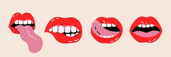 Vector illustrations Set with different female lips and eyes, emoji in a cartoon style, editable strokes