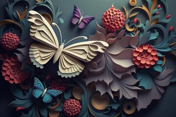 3d modern art wallpaper with flowers with golden butterfly and pearl in dark background, Generative AI