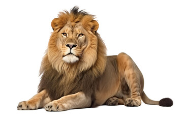 majestic lion sitting isolated on white background  - obrazy, fototapety, plakaty