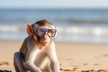 A monkey with glasses on the beach basks in the summer sun on the beach. Animal on warm sand surrounded by sea water Generative AI