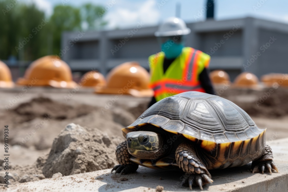 Wall mural Engineer turtle in a work helmet on a construction site. Construction of a large house from cement and building materials Generative AI