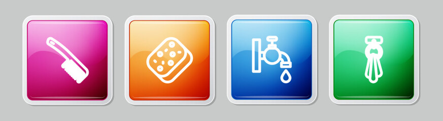 Set line Hairbrush, Sponge, Water tap and Towel hanger. Colorful square button. Vector