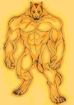 Digital illustration of a massive, muscular anthropomorphic creature with canine head