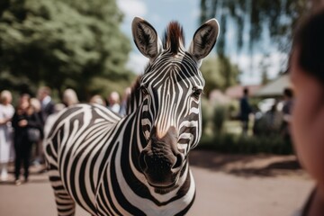 Fototapeta na wymiar a zebra at a wedding with flowers came to congratulate the bride and groom. A wedding ceremony and many people around Generative AI