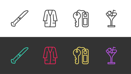 Set line Knife, Bathrobe, Hotel door lock key and Martini glass on black and white. Vector