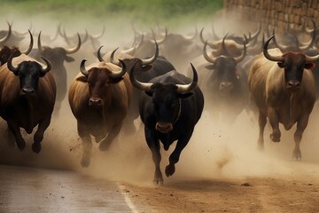 The bull runs at full speed, kicking dust into the air behind him. Bitcoin bull run Generative AI
