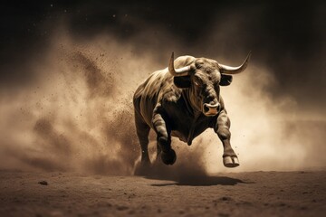 The bull runs at full speed, kicking dust into the air behind him. Bitcoin bull run Generative AI