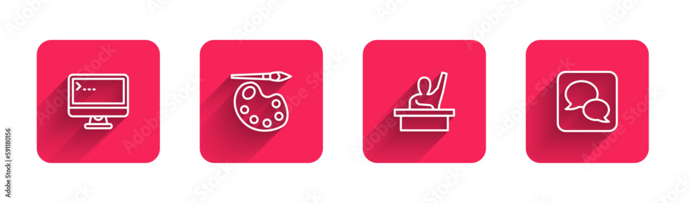 Sticker Set line Computer monitor, Paint brush with palette, Male kid raising hand and Speech bubble chat with long shadow. Red square button. Vector