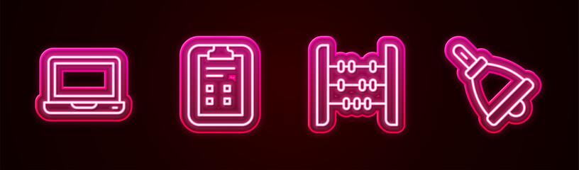 Set line Laptop, Exam sheet with check mark, Abacus and Ringing bell. Glowing neon icon. Vector