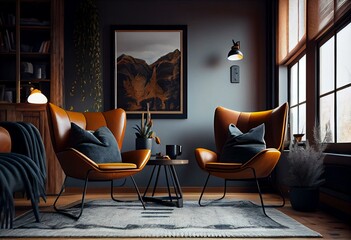 Modern contemporary living room interior design with comfortable chairs, and home decor. Generative AI