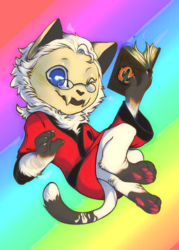 Digital illustration of a floating cute creature, with cat ears, holding a book. Its face is skull-like, but adorable, and it wears a red-and-black robe.
