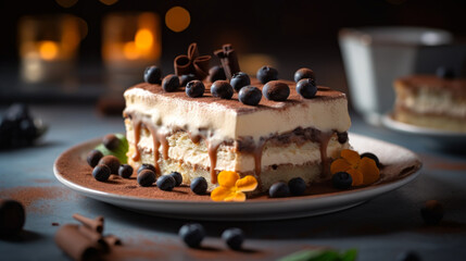 A decadent slice of Italian heaven, Tiramis&ugrave; on a plate, food photography. Generative AI