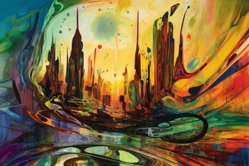 Nowy Jork abstrakcja kolorowa grafika surrealizm Generative AI - obrazy, fototapety, plakaty