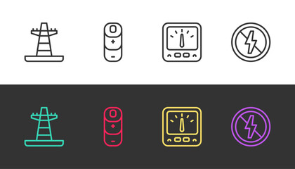 Set line Electric tower line, Battery charge, Ampere meter, multimeter and No lightning on black and white. Vector
