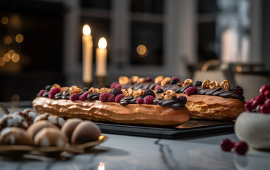 Luscious éclair topped with an assortment of berries, beautifully juxtaposed against a serene evening ambiance with gentle candlelight.