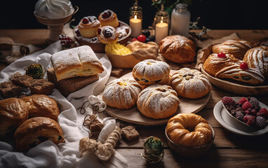 Obraz na płótnie Canvas A lavish spread of holiday desserts, from cream-filled puffs to berry-topped tarts, is lit softly by the ambient glow of a nearby candle.