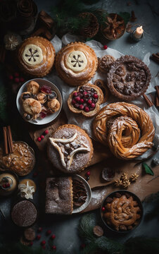 A captivating spread of traditional treats, from intricately designed pies to berry-topped pastries, exudes warmth and festive celebration.