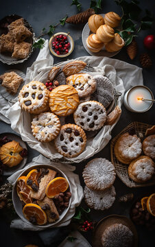 Delicate cookies and pastries, adorned with berries and sugar dust, lay nestled amidst festive decorations, radiating a cozy winter atmosphere.