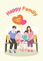 happy family sitting on a bench