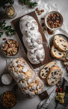 Christmas stollen, holiday concept. Traditional sweet fruit roll with powdered sugar. Christmas table setting, top view.