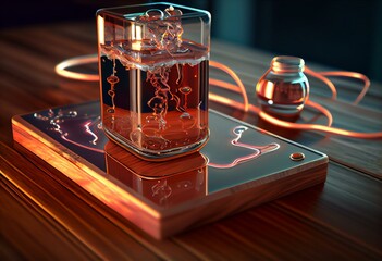 Electrolysis of water on wooden table in lab. Educational chemistry. Electrolysis of water into hydrogen and oxygen gas with tubes. 3D Render. Generative AI