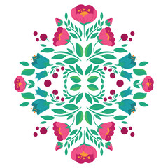 Symmetrical vector floral ornament. Folk art decoration with meadow and garden flowers and berries. Traditional rustic floral pattern